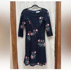 sachin and babi light blue dress ELIZA J Womens Navy Zippered Lace Embellished Tulle Pocketed Floral Elbow  Sleeve Boat Neck Below The Knee Party Fit + Flare Dress 2 main image 1